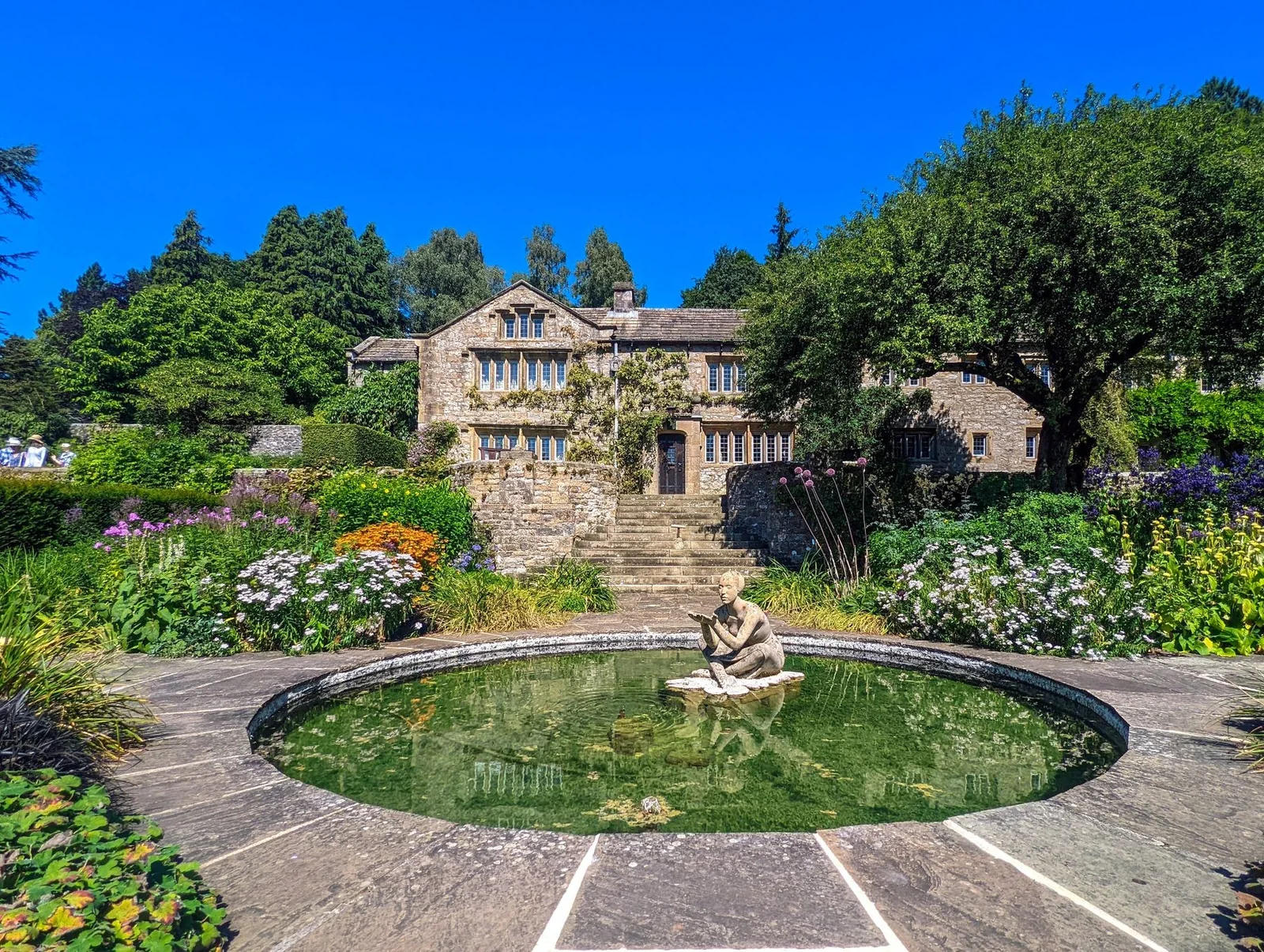 A landscaped garden with a pond and colourful flowers